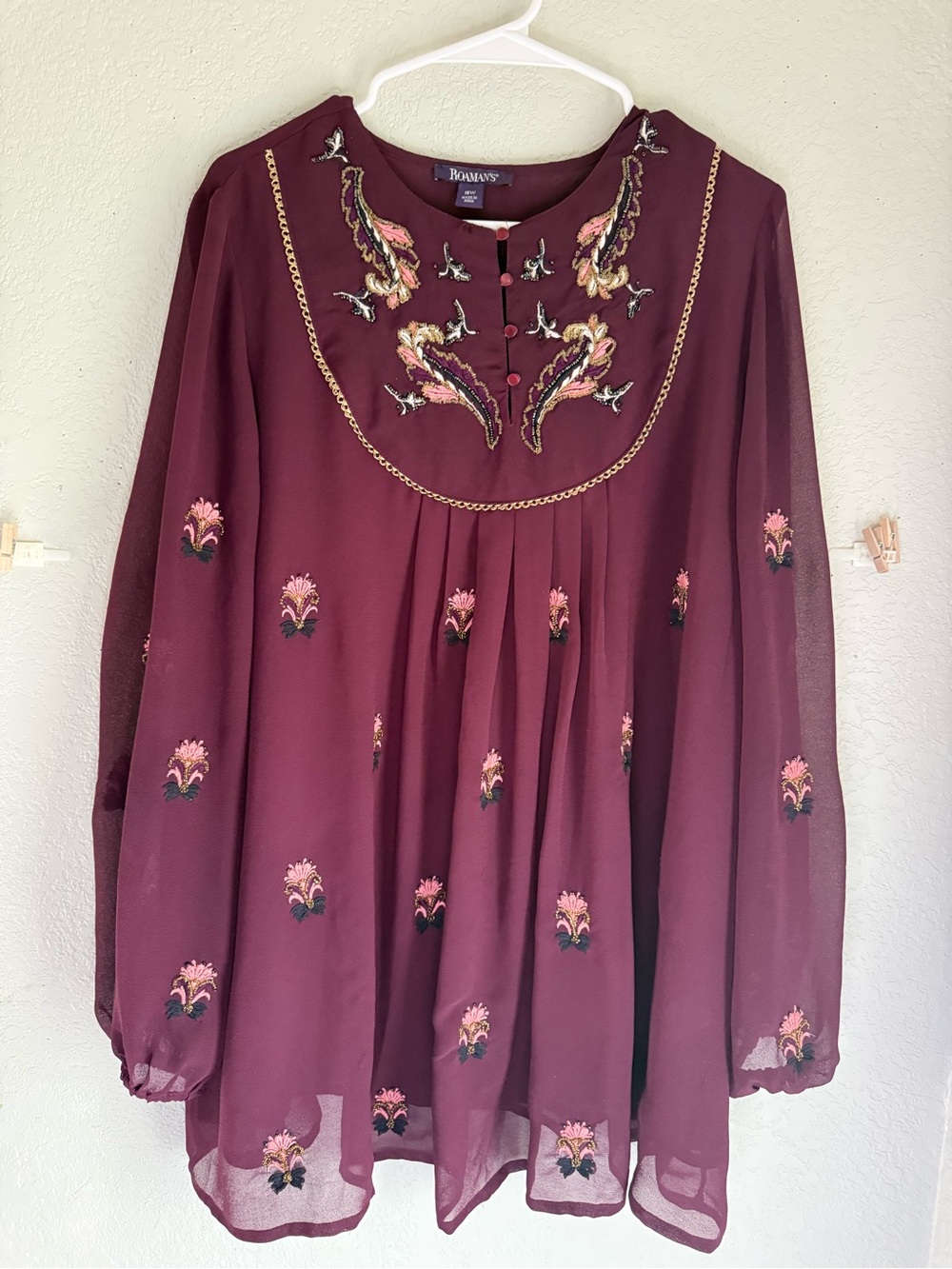 Roaman's Plum Romantic Embroidered Beaded Chiffon Tunic Top Plus Size 16W (XL)